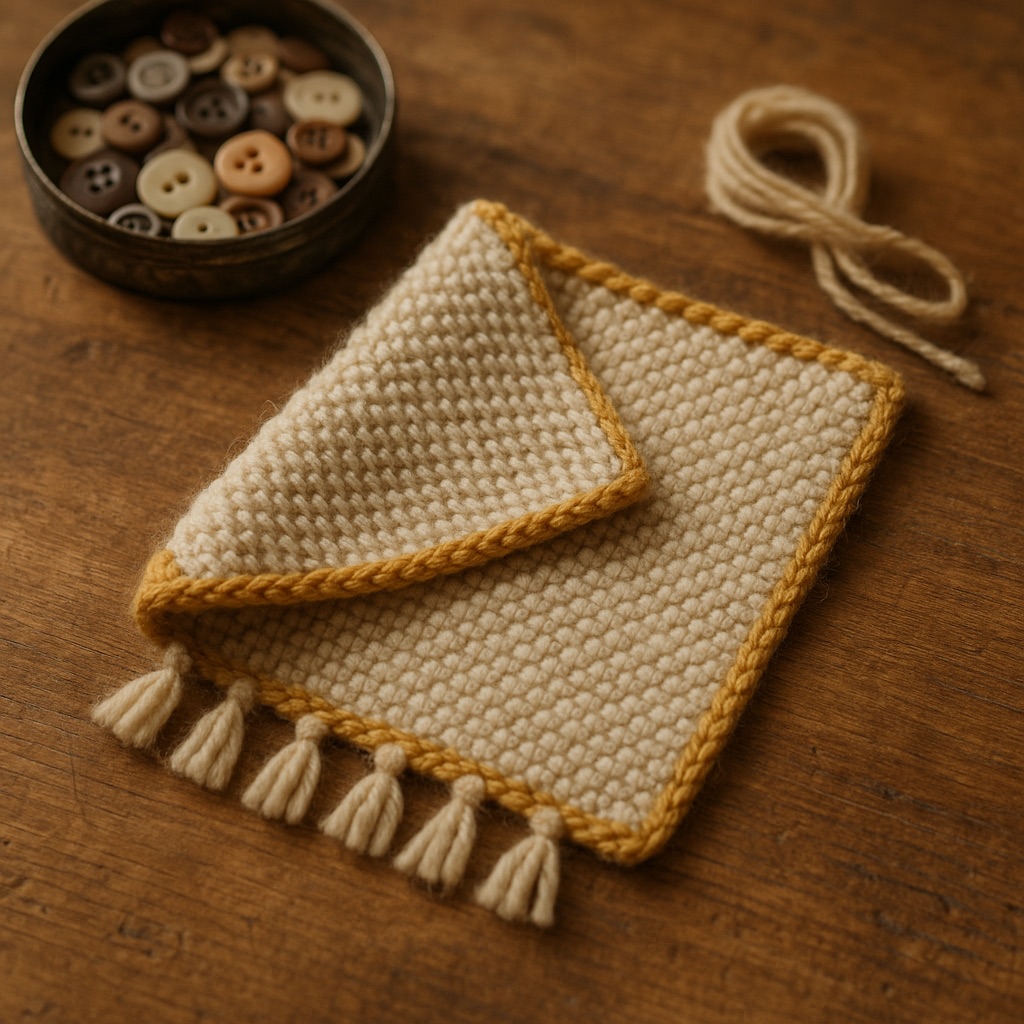 A palm-sized hand-knit seed-stitch blanket in cream wool with a hayfield-gold border and short tassels, one corner folded back, beside a tin of old buttons on a weathered pine table.