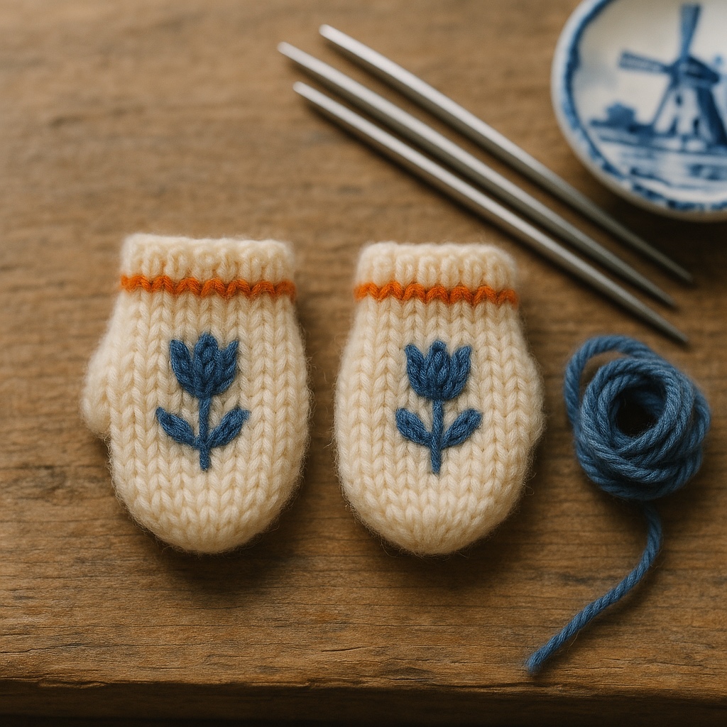 A pair of small undyed cream wool mittens, each with a tiny Delft-blue tulip knit across the back of the paw and one narrow line of orange along the cuff, on a weathered pine plank beside a coil of Delft-blue yarn, steel knitting needles and the edge of a small blue-and-white Delft plate painted with a windmill.