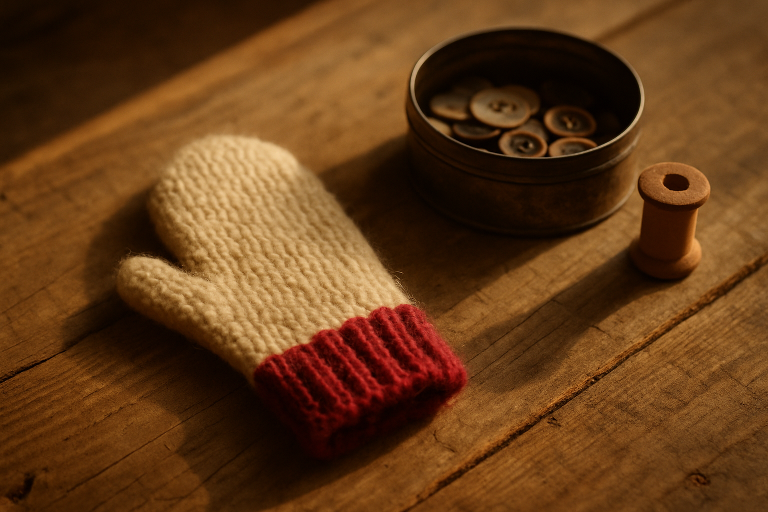 A small cream wool mitten with a soft beetroot-red cuff, resting on a weathered pine plank beside an old button tin.
