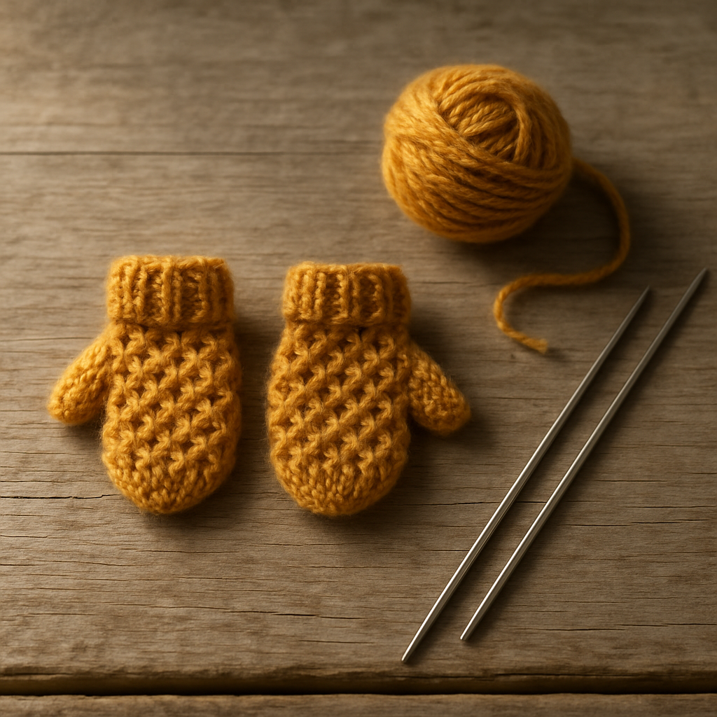 A pair of small hayfield-gold wool mittens with a honeycomb stitch texture, beside a ball of matching yarn and two steel knitting needles on a weathered pine plank.