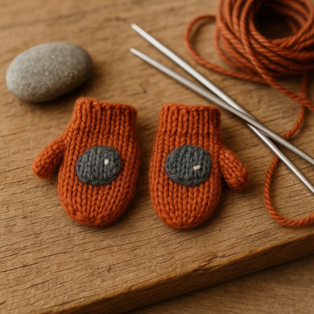 A pair of small red-ochre wool mittens, each with a tiny round slate-grey stone knit across the back of the paw and one cream stitch for the light, on a weathered pine plank beside a smooth grey river pebble, a coil of ochre yarn and two steel knitting needles.