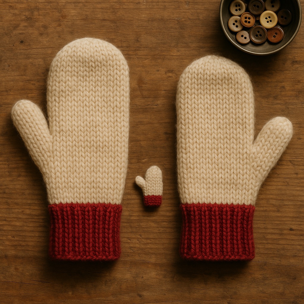 A mirrored pair of human-sized hand-knit cream wool mittens with beetroot-red rib cuffs laid palms up on a weathered pine table, one tiny matching hamster mitten standing between the cuffs, a tin of buttons in the corner.
