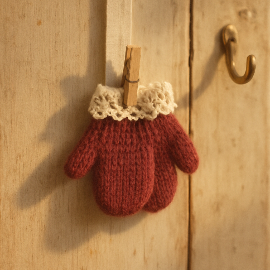 A pair of small beetroot-red wool mittens with a fine open-work cream lace edge above the rib cuff, pinned to a length of cream linen tape on the inside of an old kitchen door.
