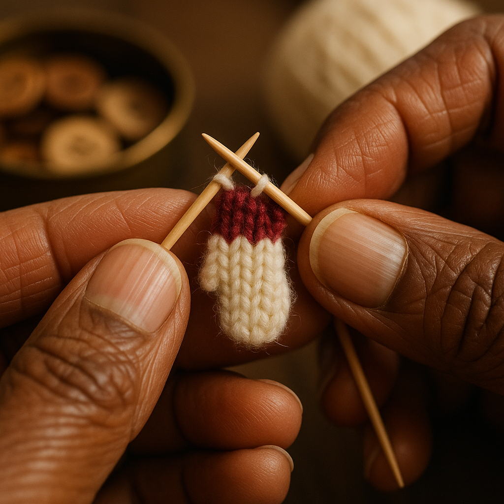 An extreme close-up of weathered hands knitting a tiny cream wool mitten with a soft red cuff, using two pale wooden toothpicks in place of needles, the mitten no bigger than a thumbnail.