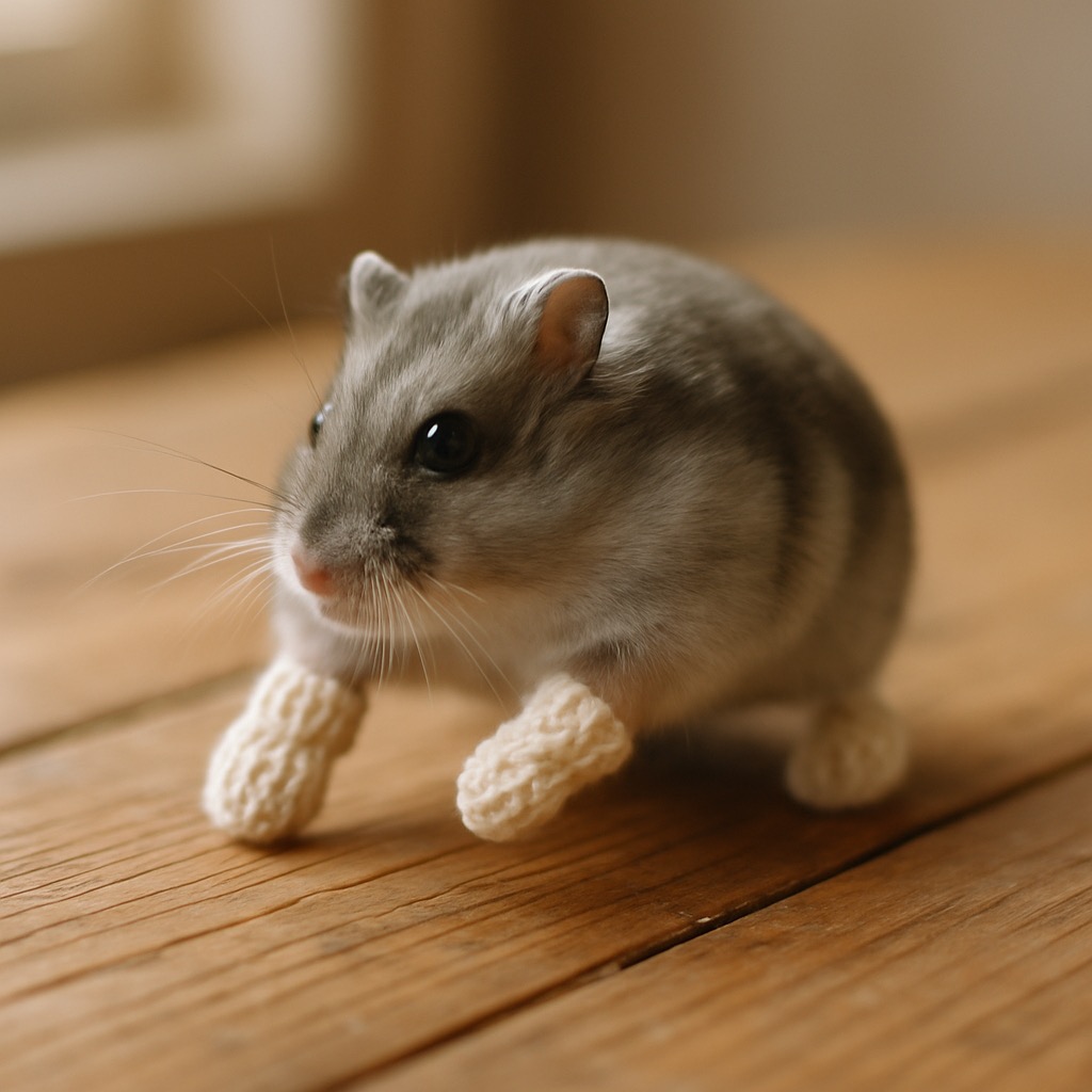 A grey Campbell dwarf hamster pausing mid-scamper on weathered pine planks, wearing four tiny cream cable-knit wool mittens.