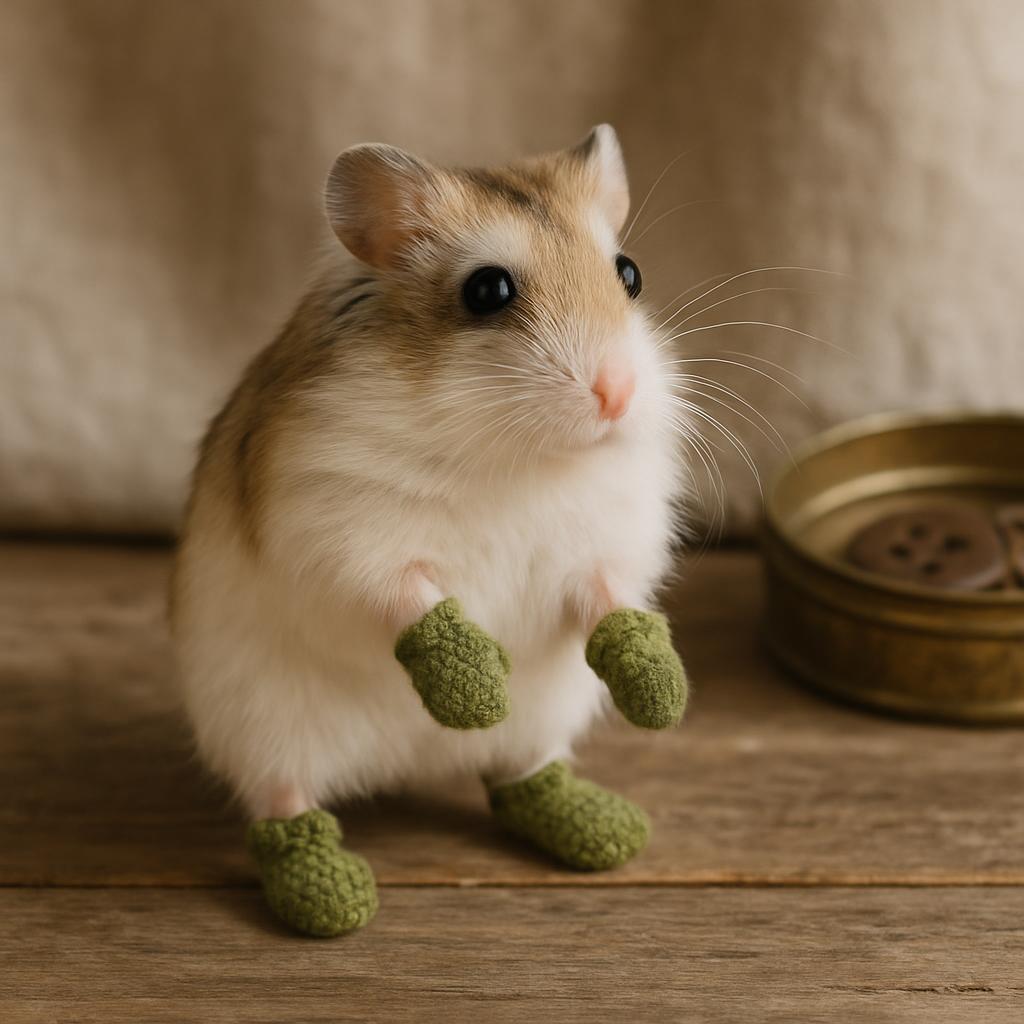 A roborovski dwarf hamster standing alert on weathered pine, front paws raised, wearing four tiny moss green seed stitch wool mittens beside an old button tin.