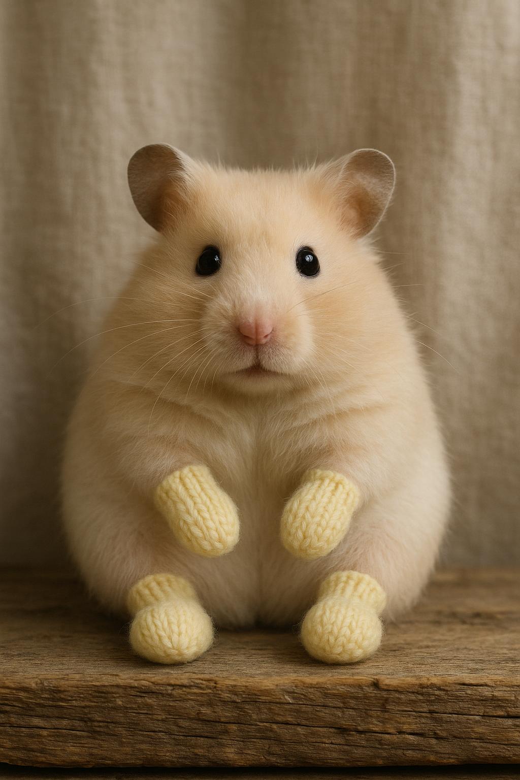 Nell Buttercup, a cream Syrian hamster seated neatly on weathered pine, wearing matching tiny chamomile-yellow wool mittens on all four paws against a soft stitched cloth backdrop.