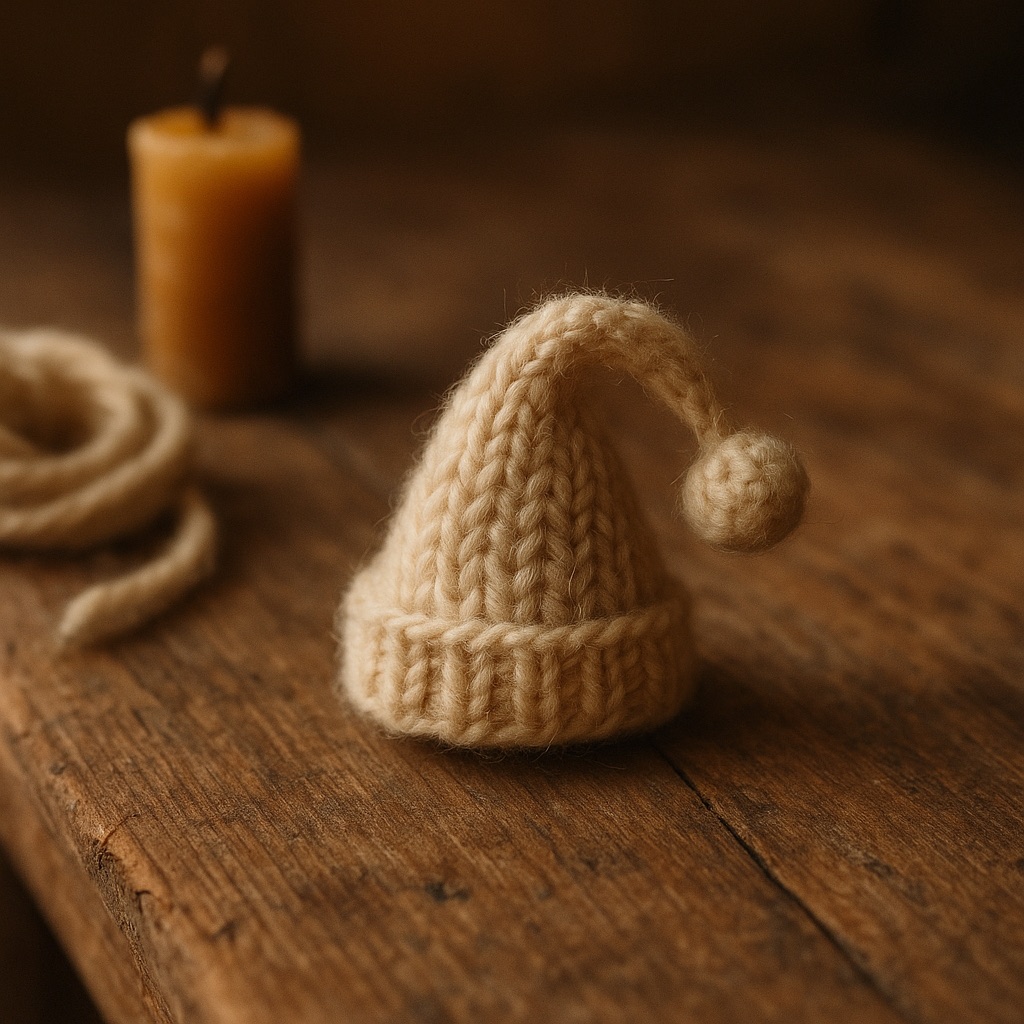A tiny hand-knit cream wool nightcap with a ribbed band and a small bobble on its drooping tip, on a weathered pine table beside a stub of beeswax candle and a loose coil of cream wool.