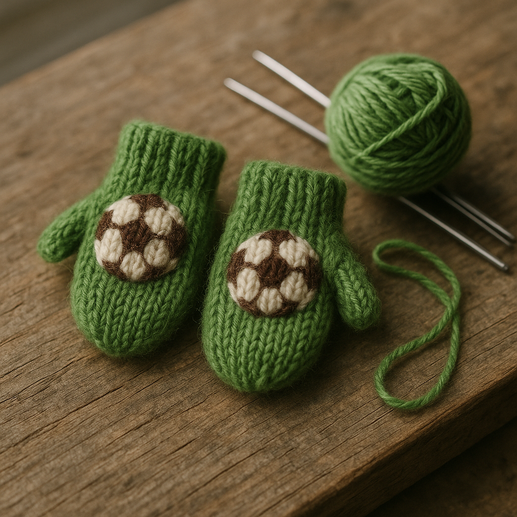 A pair of small grass-green wool mittens, each with a tiny knit football in cream and walnut across the back of the paw, on a weathered pine plank beside a ball of matching green yarn and two steel knitting needles.