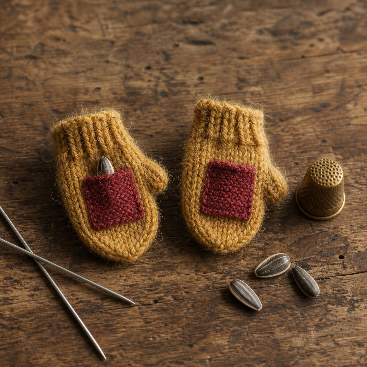 A pair of tiny hayfield-gold wool mittens, each with a beetroot-red pocket on the back of the paw, beside sunflower seeds, steel knitting needles and a brass thimble on a weathered pine table.