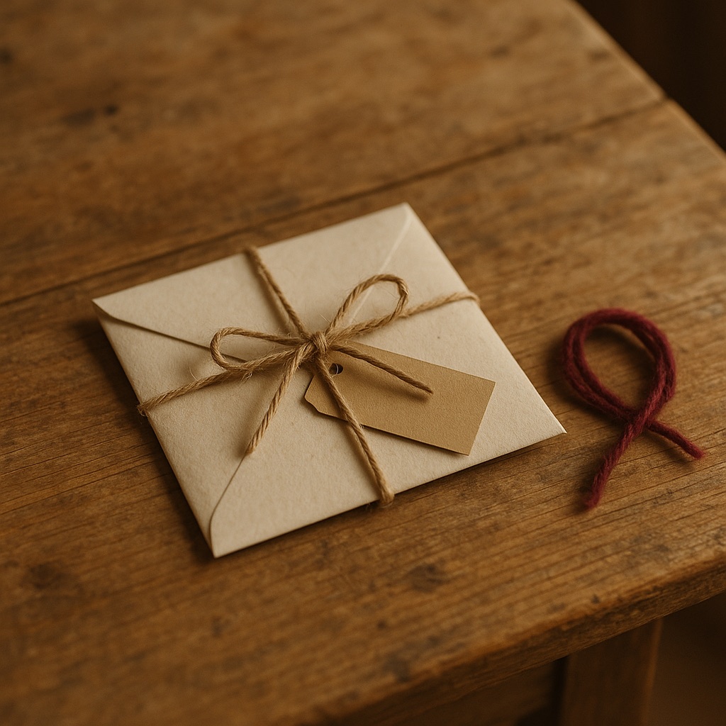 A small cream envelope tied crosswise with rustic twine and a blank paper tag, beside a loop of beetroot-red wool on a weathered pine table.