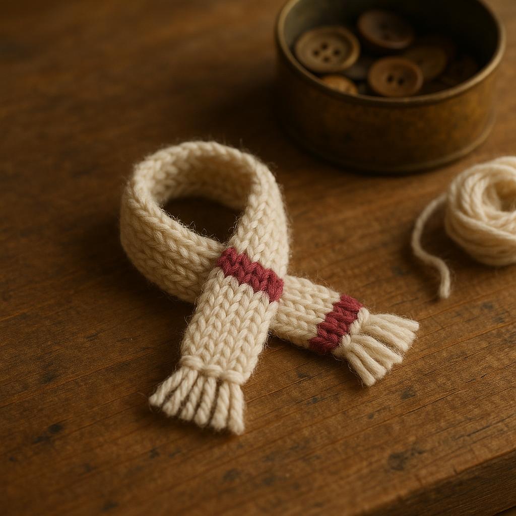 A tiny hand-knit hamster scarf in cream oatmeal wool with soft beetroot-red bands, laid on a weathered pine table beside an old button tin and a small coil of matching wool.