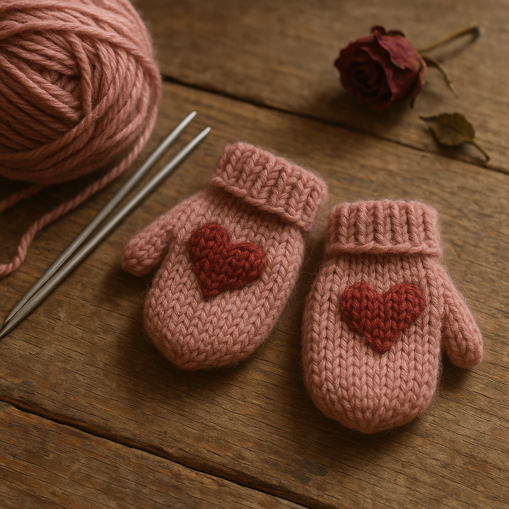 A pair of small rosehip-pink wool mittens, each with a tiny deep-red heart knit across the back of the paw, on a weathered pine plank beside a coil of matching pink yarn, two steel knitting needles and a sprig of dried rose.